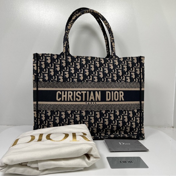 Dior Handbags - Dior Womens Medium Dior Book Tote Bag Oblique Motif Cotton Ercu/Blue Pre-Owned
